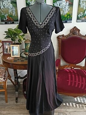 1950s Navy Blue And Silver Crystal Evening Gown Size Extra Small